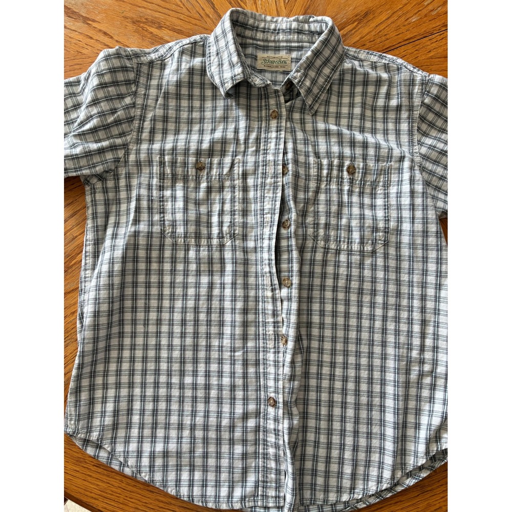 St Johns Bay Plaid Short Sleeve Button Down Shirt Grey Blue Mens Small